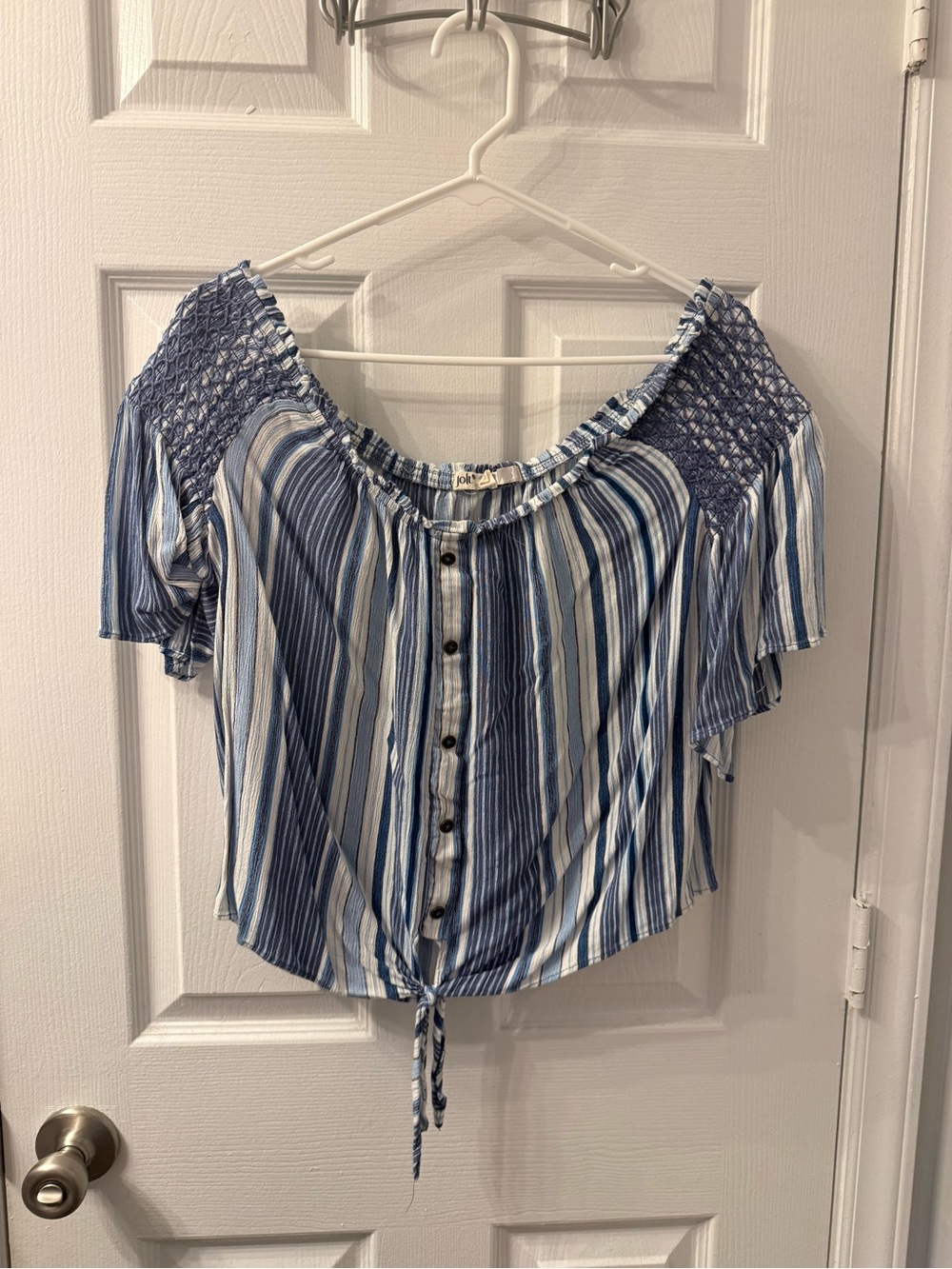 Striped Blue Off-Shoulder Tie-Front Women's Top